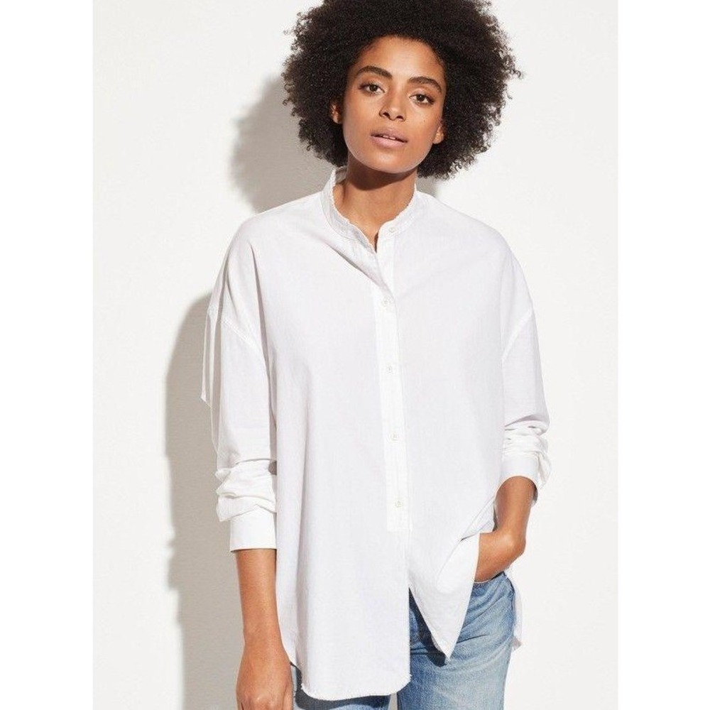 Vince Womens Cotton Silk Blouse L White Raw Hem Band Collar Minimalist Scandi